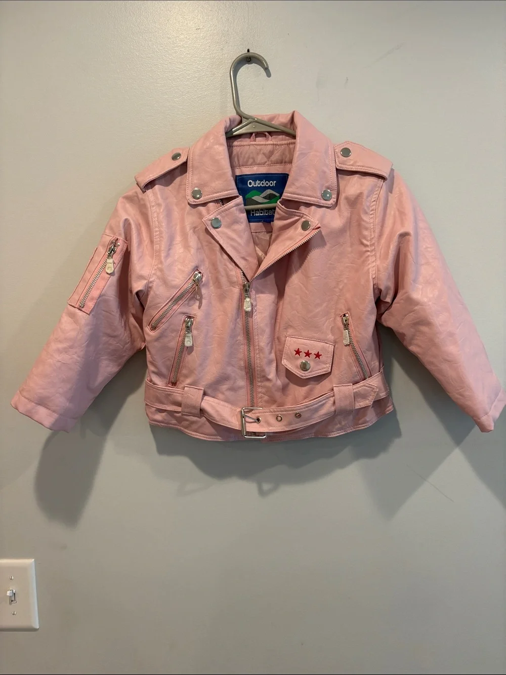 Girls' Pink Faux Leather Biker Jacket with Stars